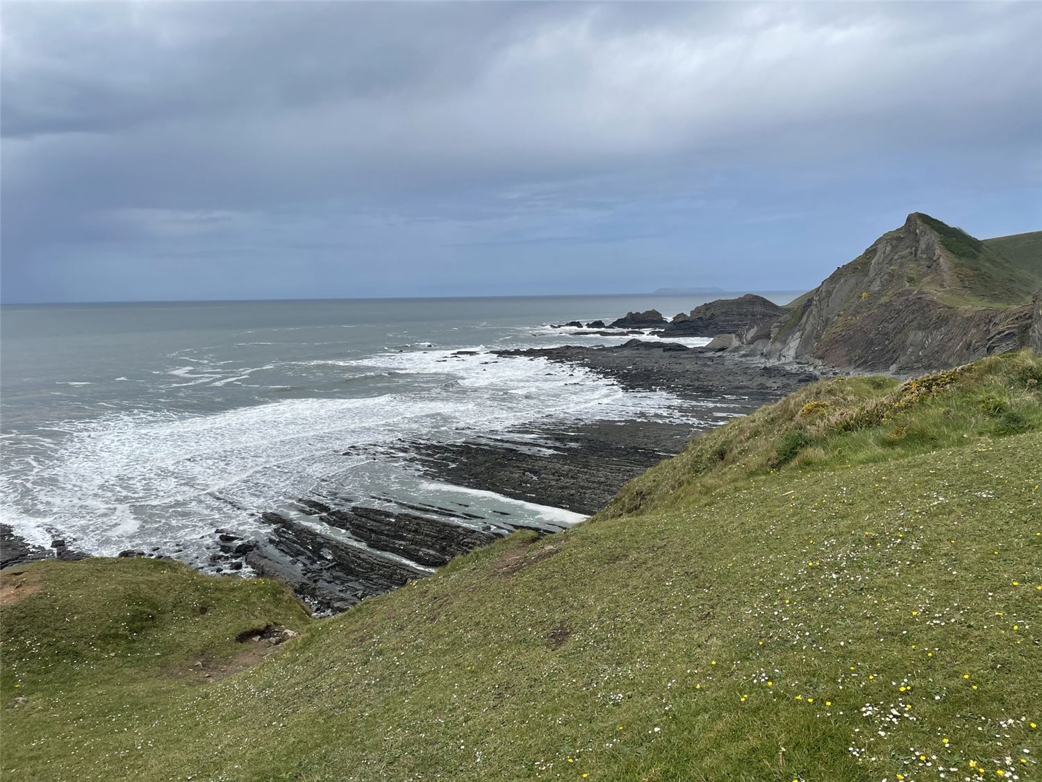 A view on to Welcombe Mouth Beach from the cliffs above